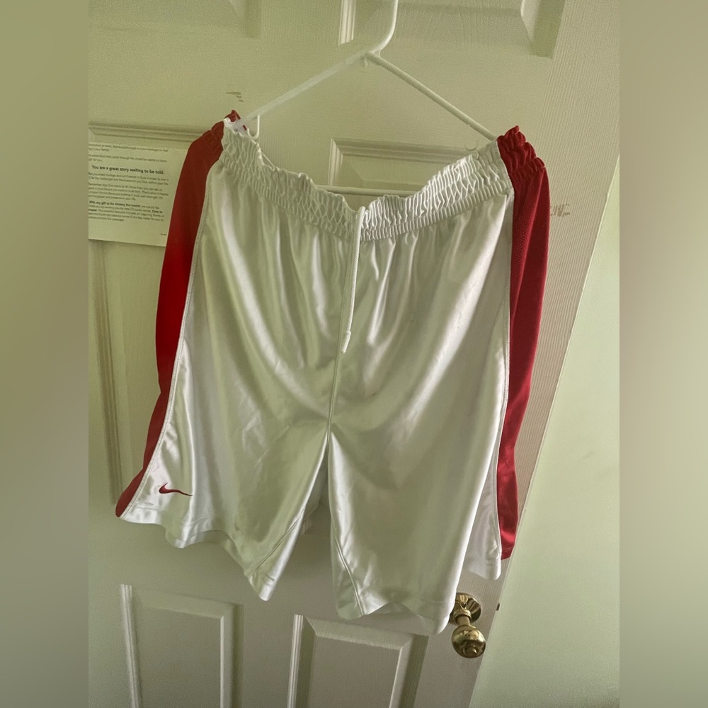 Nike White Shorts with Red Logo Accent - XXL - mesh shorts - white - red trims